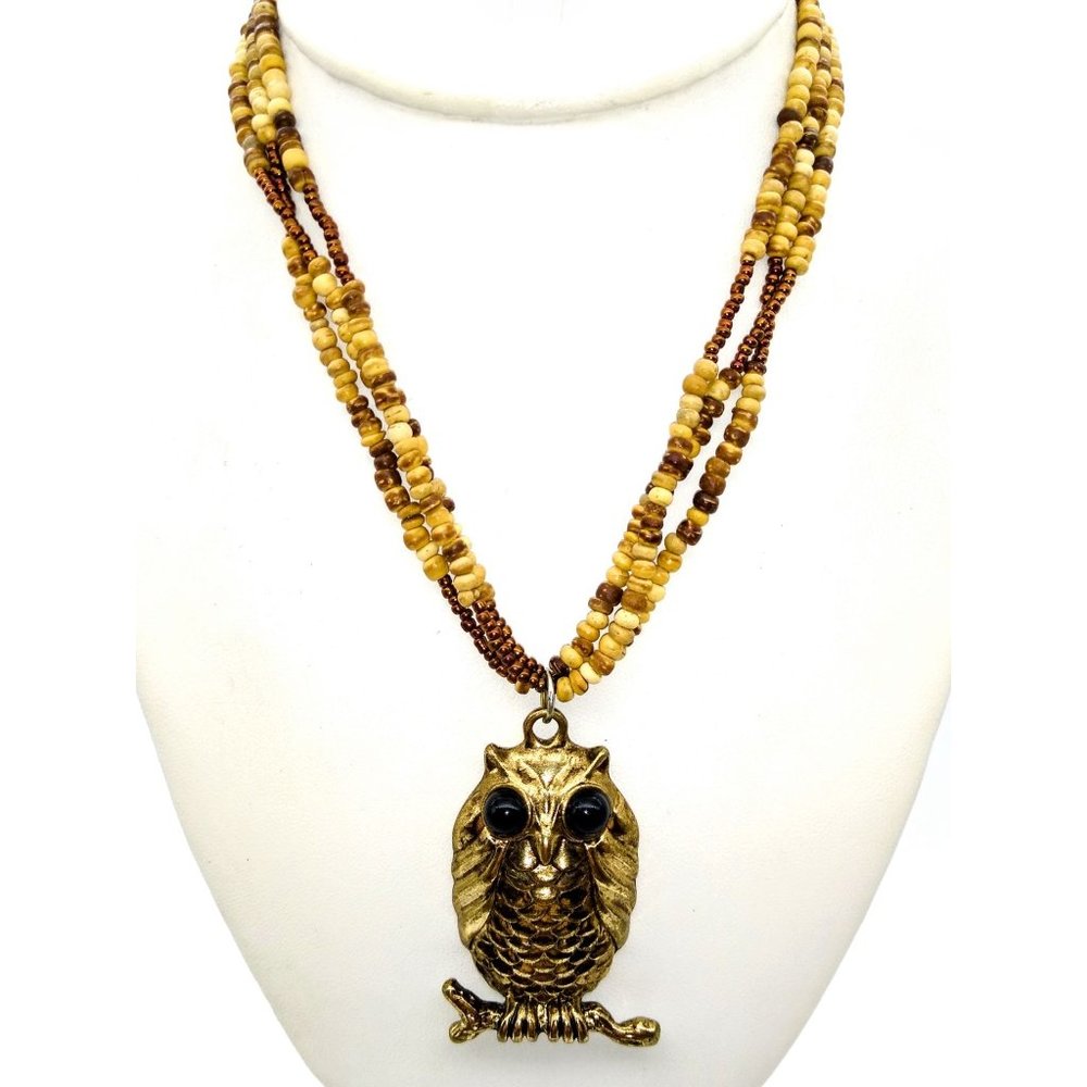 Retro Owl Pendant Necklace, Vintage Brown Multi Strand Choker from Avon with Gol